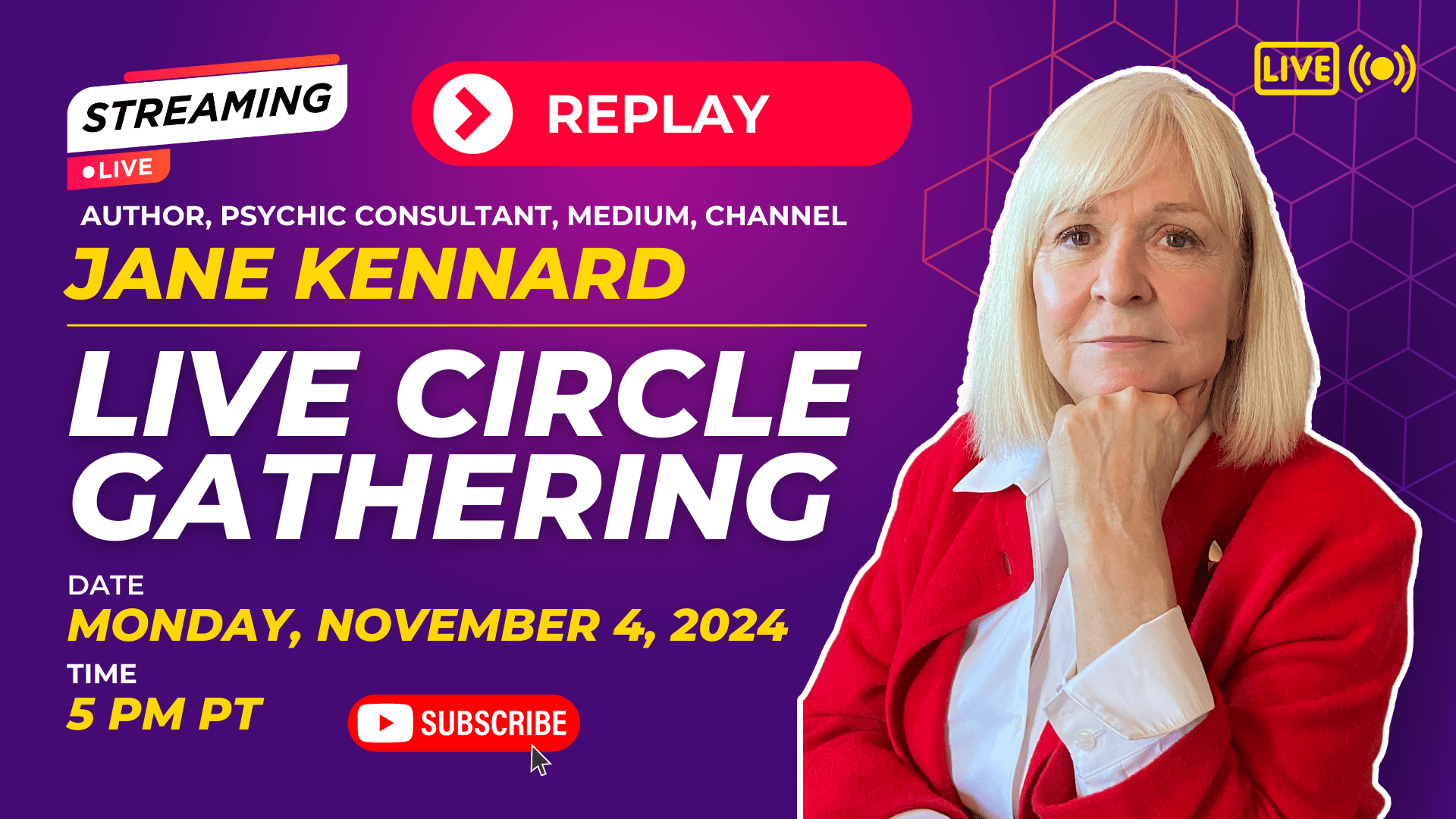 Replay Online YouTube Live Stream Circle Gathering With Spiritual Intuitive, Psychic Consultant, Medium, Channel, Author Jane Kennard and Spirit Guides on Monday, November 4, 2024